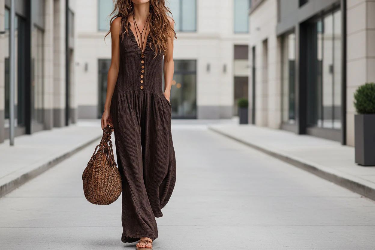 Women’s Loose V-Neck Sleeveless Wide-Leg Jumpsuit