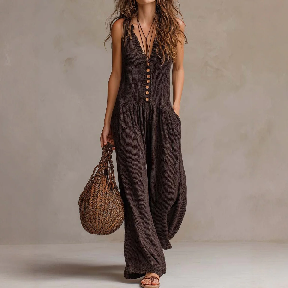 Women’s Loose V-Neck Sleeveless Wide-Leg Jumpsuit - Image 2