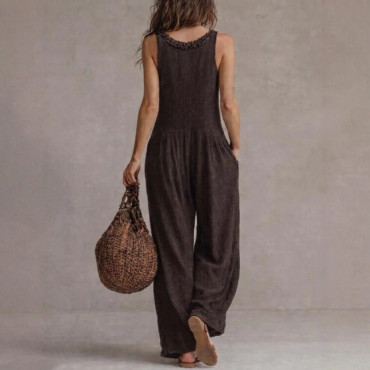 Women’s Loose V-Neck Sleeveless Wide-Leg Jumpsuit - Image 3
