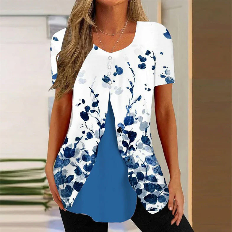 Women’s Printed Faux Two-Piece V-Neck Short Sleeve Top - Image 6
