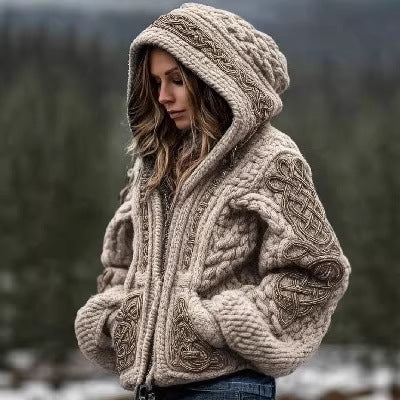 Women’s Printed Hooded Zip-Up Cardigan Sweater - Image 2