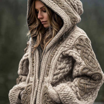 Women’s Printed Hooded Zip-Up Cardigan Sweater - Image 3