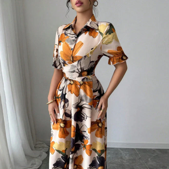 Women’s Printed Puff Sleeve Dress – Blouse Collar Cross-Tie Waist Style - Image 2