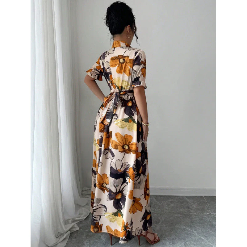 Women’s Printed Puff Sleeve Dress – Blouse Collar Cross-Tie Waist Style - Image 3