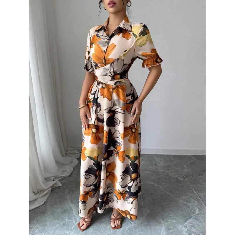 Women’s Printed Puff Sleeve Dress – Blouse Collar Cross-Tie Waist Style - Image 4
