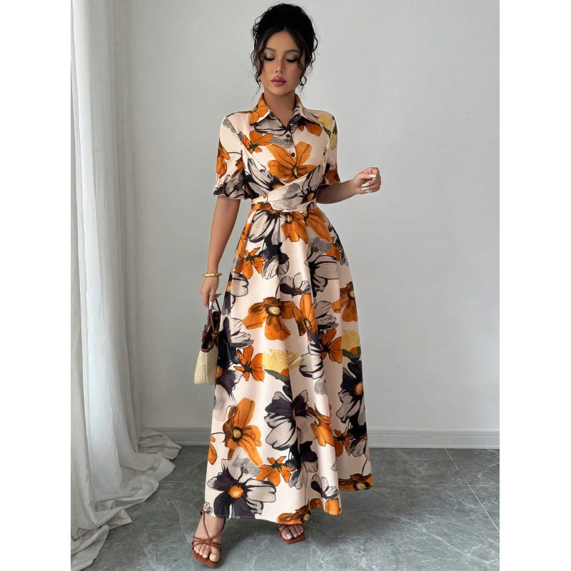 Women’s Printed Puff Sleeve Dress – Blouse Collar Cross-Tie Waist Style - Image 5