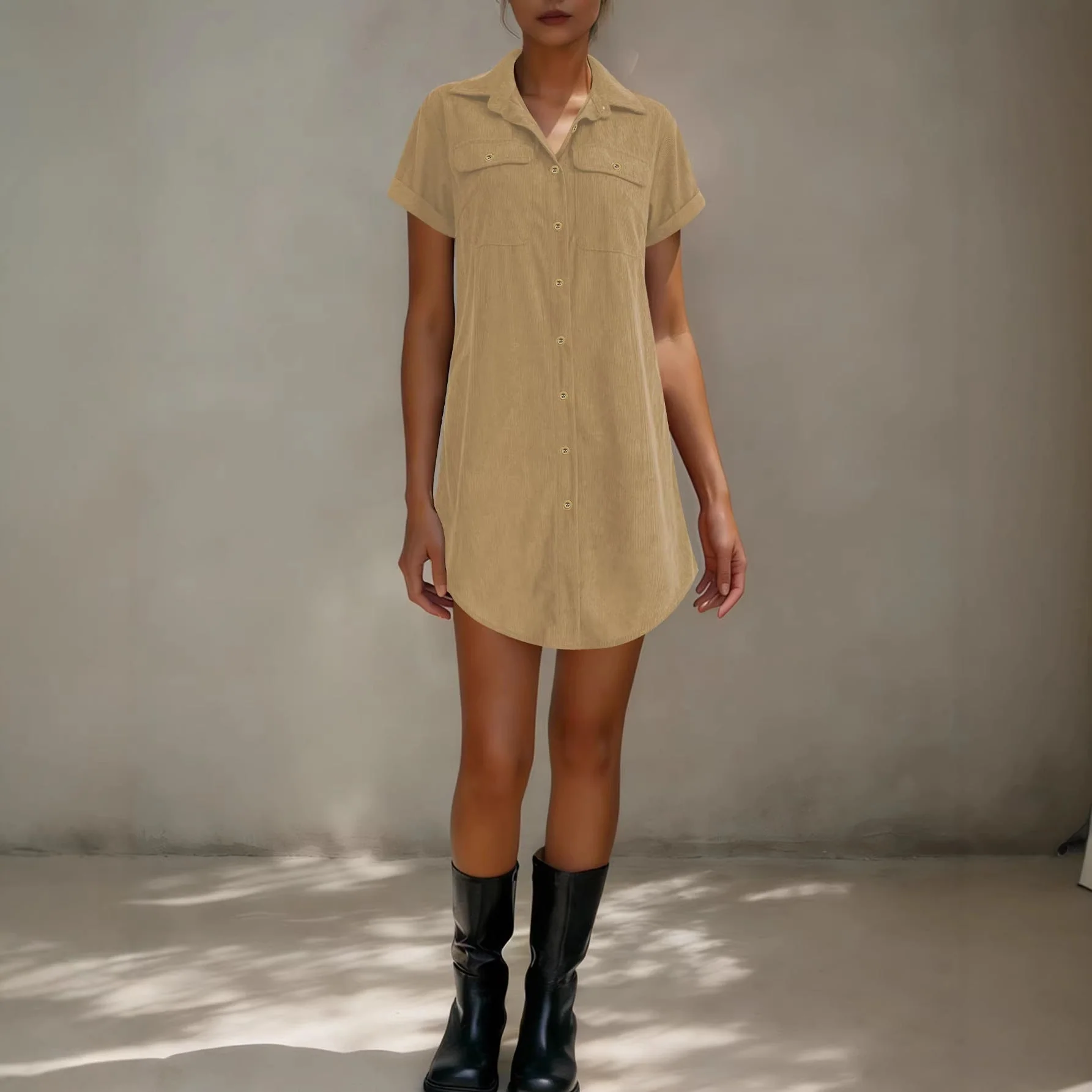 Women’s Retro Casual Corduroy Short Sleeve Shirt Dress - Image 3