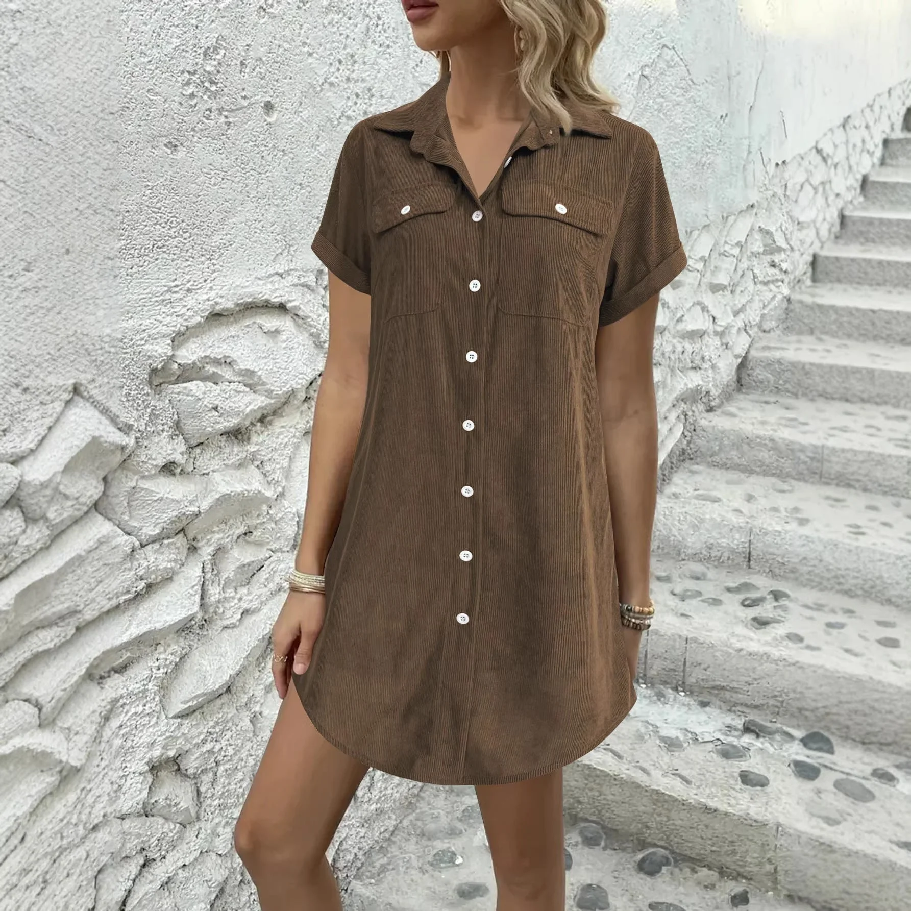 Women’s Retro Casual Corduroy Short Sleeve Shirt Dress - Image 4