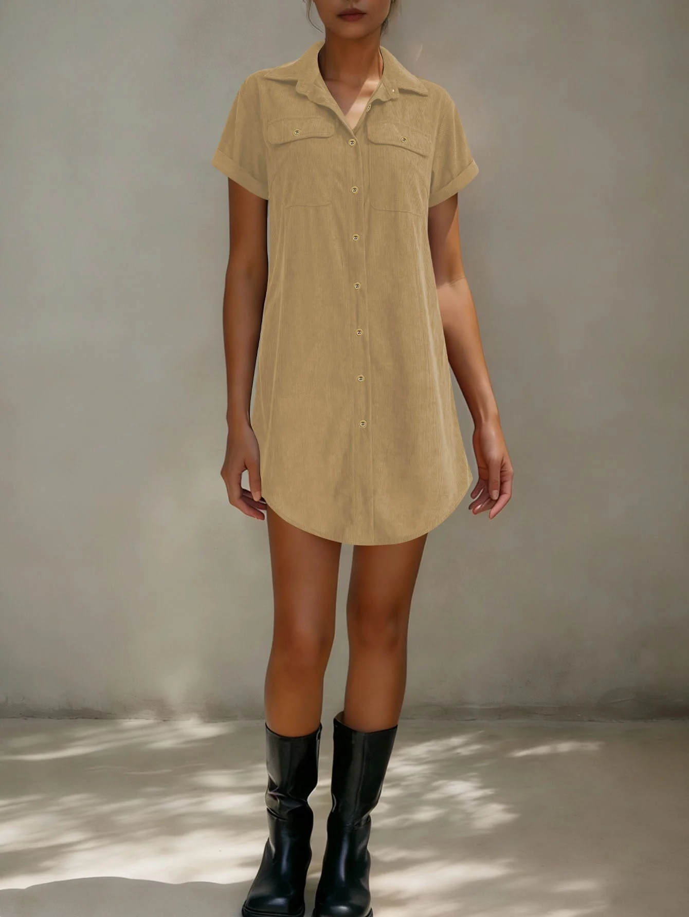 Women’s Retro Casual Corduroy Short Sleeve Shirt Dress - Image 7