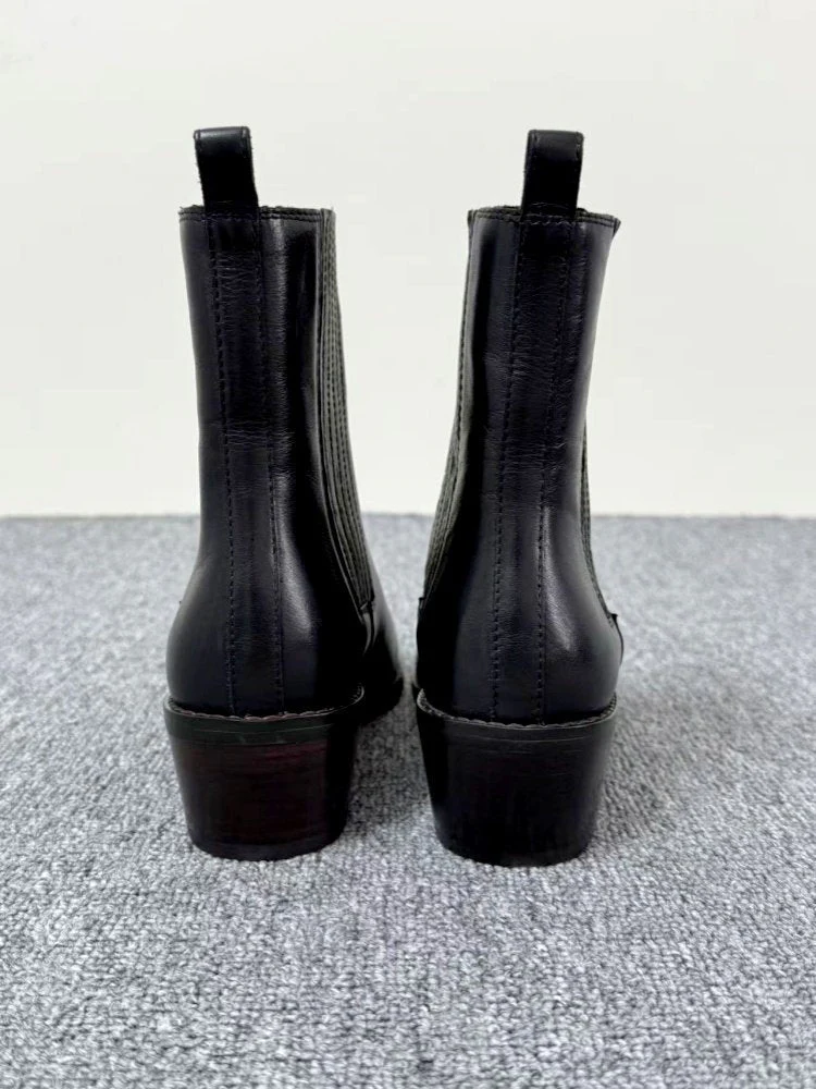 Women’s Retro Square-Toe Mid-Heel Chunky Leather Boots - Image 10