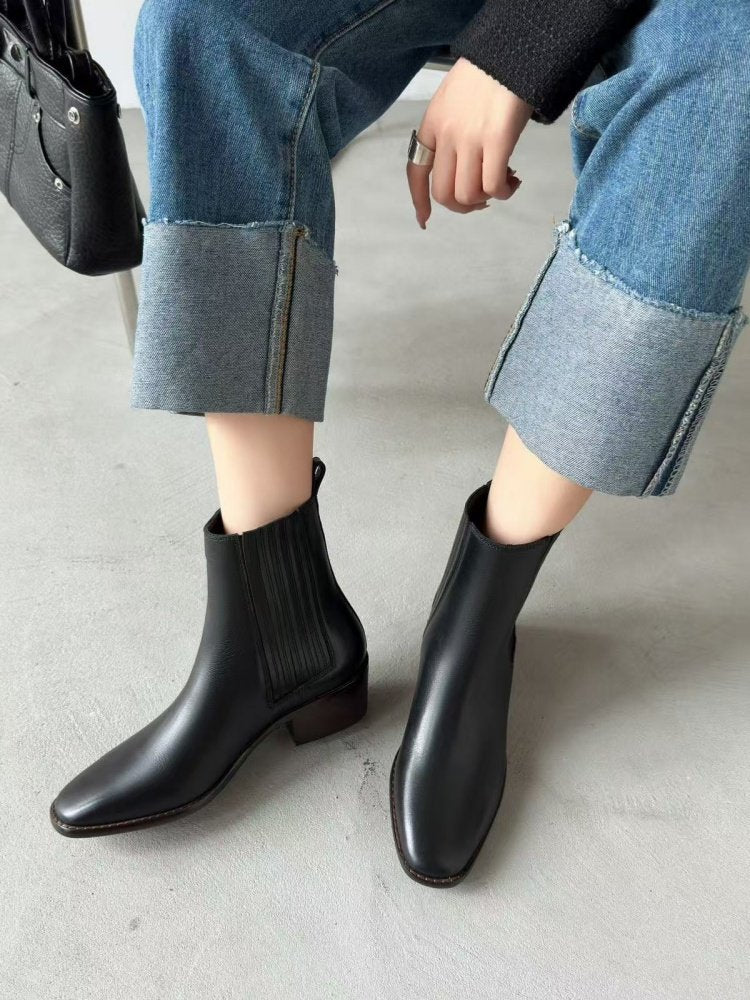 Women’s Retro Square-Toe Mid-Heel Chunky Leather Boots - Image 2