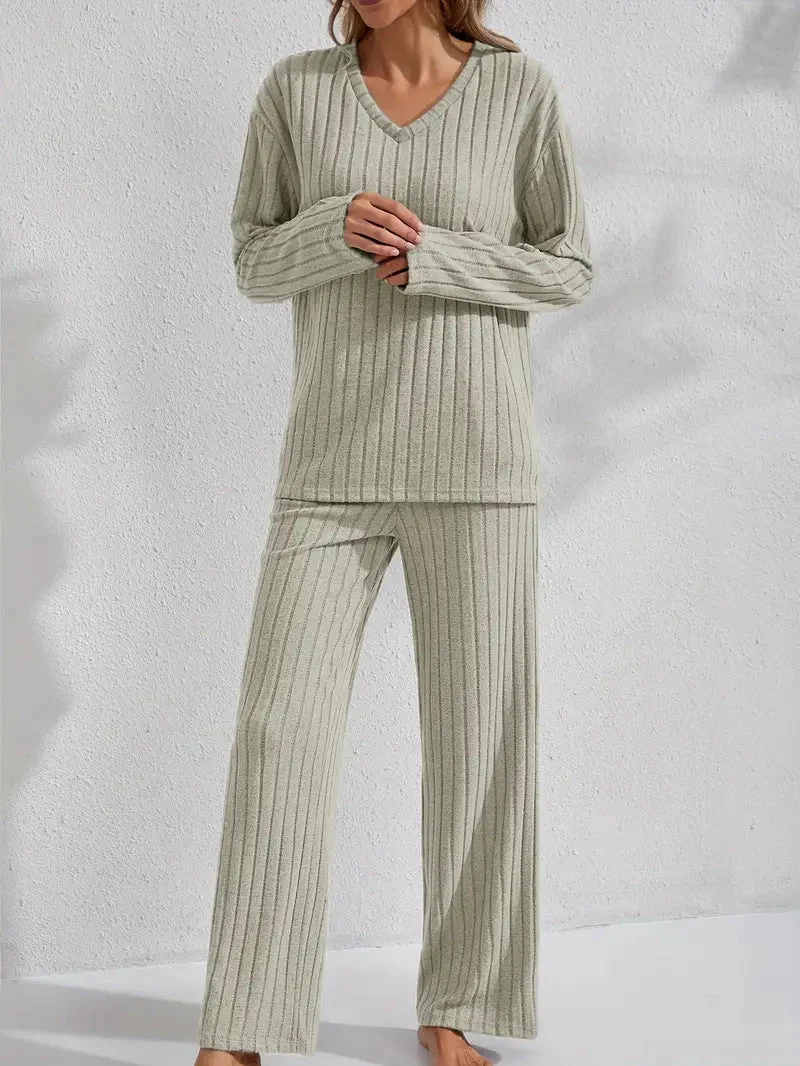 Women’s Ribbed Long Sleeve Top and Pants Loungewear Set - Image 8