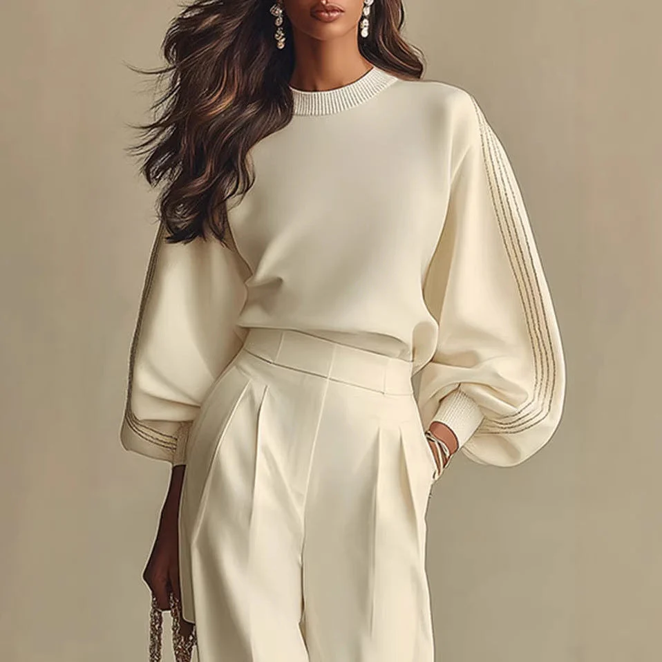 Women’s Round Neck Sweatshirt & Pants Set – Casual Long Sleeve Two-Piece Outfit - Image 2