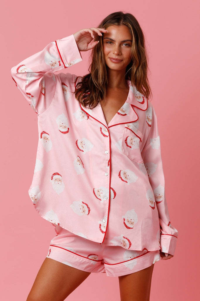 Women’s Satin Santa Claus Pajama Set | Christmas Print Two-Piece Loungewear - Image 9