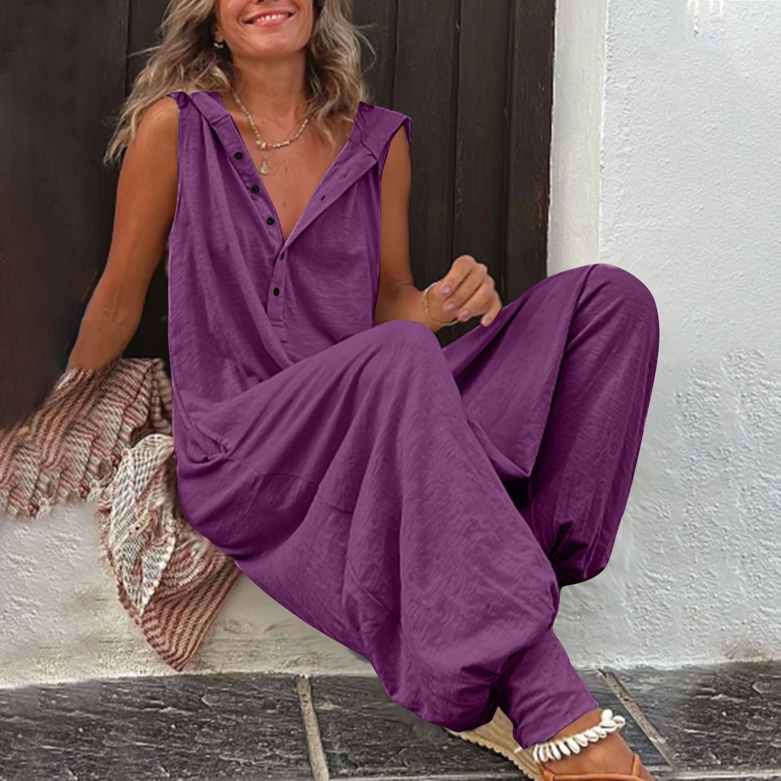 Women’s Sleeveless Hooded Relaxed Fit Jumpsuit - Image 11