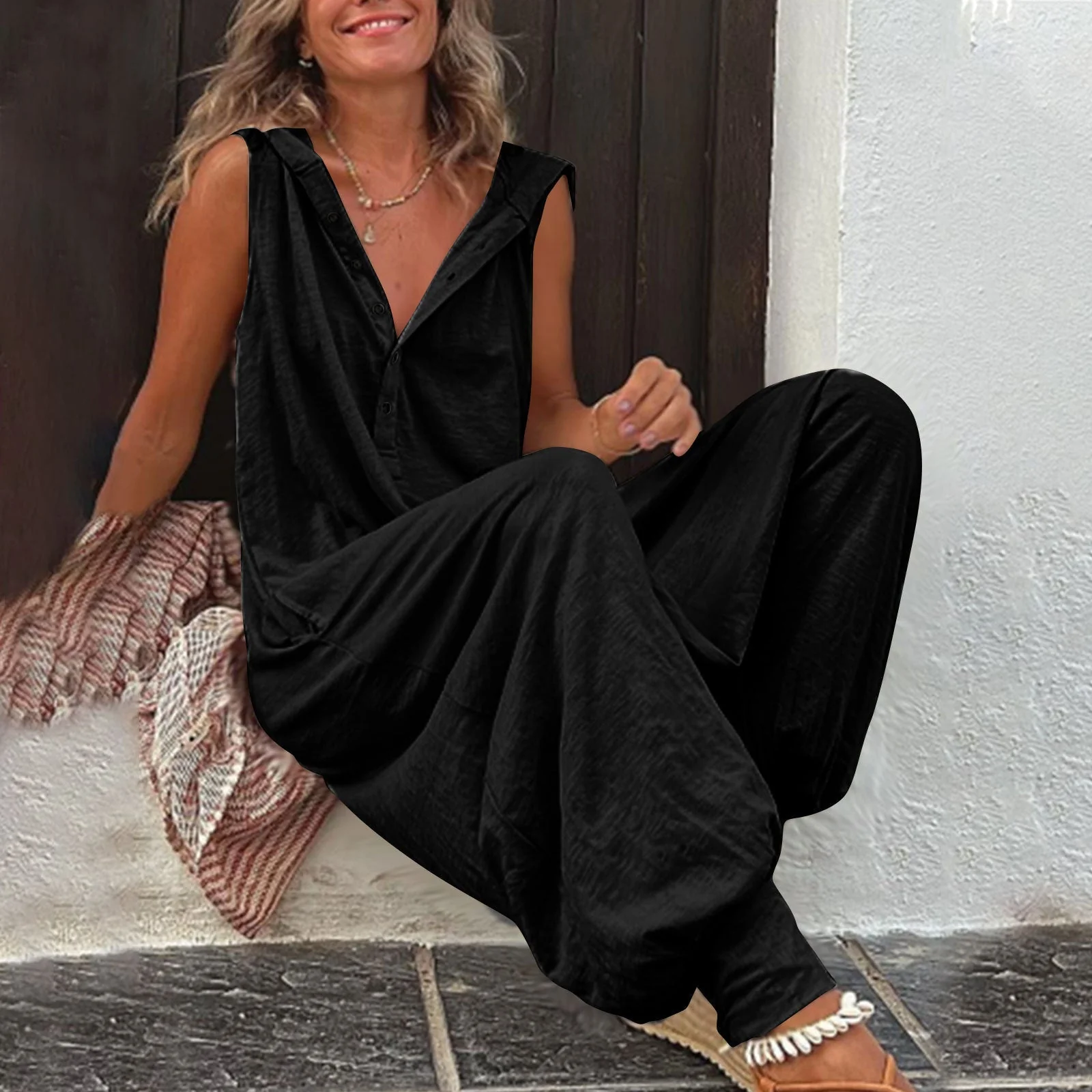 Women’s Sleeveless Hooded Relaxed Fit Jumpsuit - Image 4