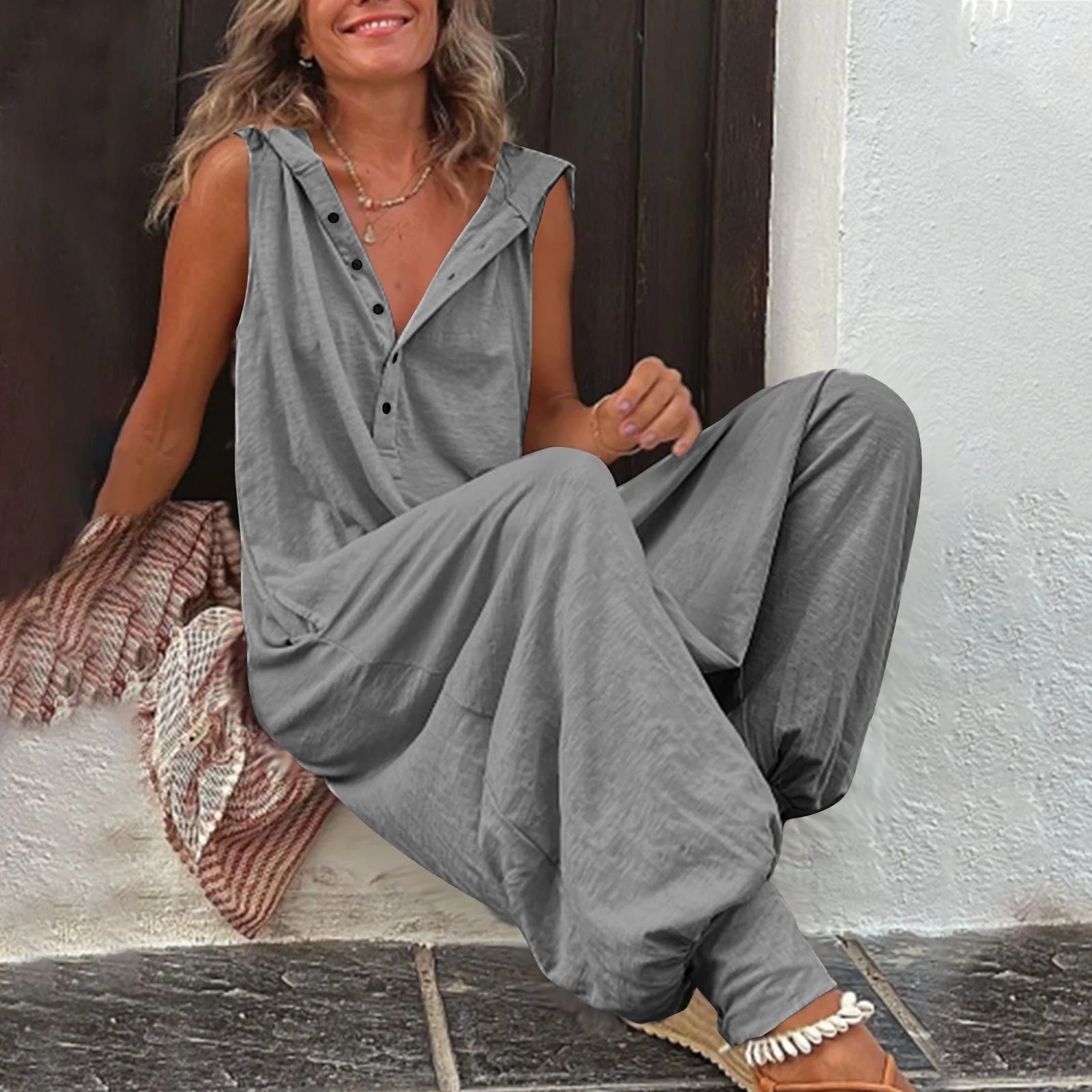 Women’s Sleeveless Hooded Relaxed Fit Jumpsuit - Image 9