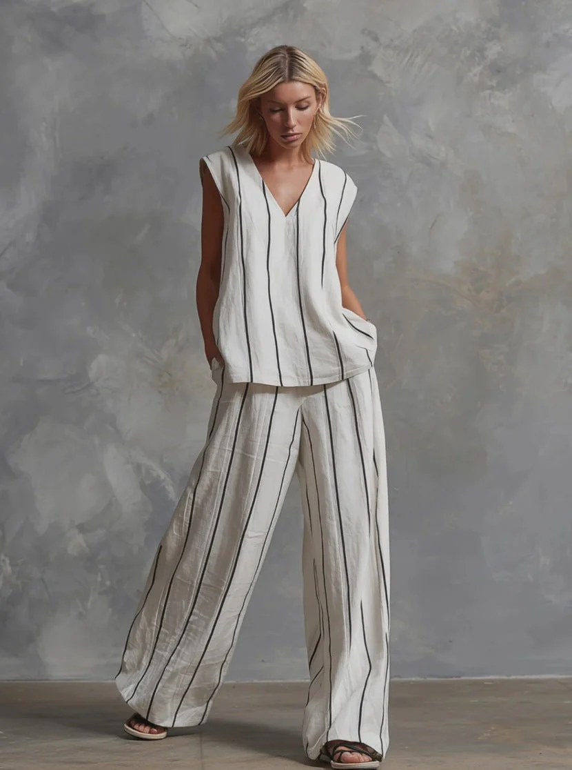 Women’s Sleeveless Striped Top and Full-Length Pants Set - Image 10