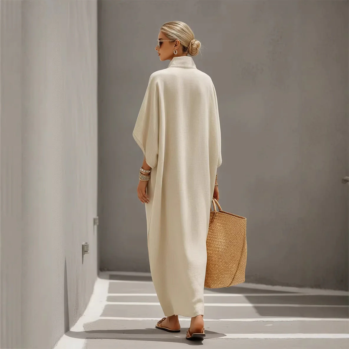 Women’s Stand Collar Button-Down Loose Straight Long Dress - Image 2