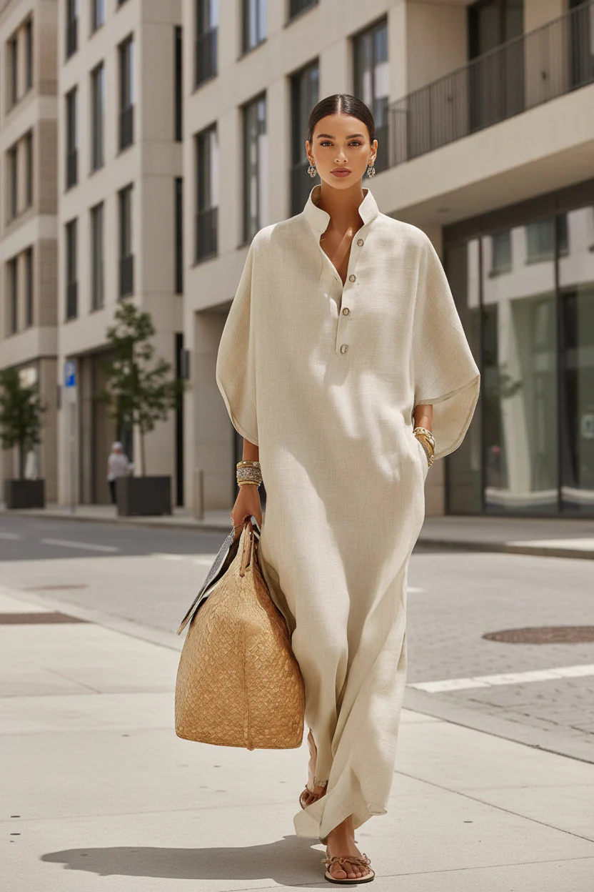 Women’s Stand Collar Button-Down Loose Straight Long Dress - Image 3