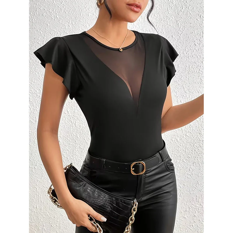 Women’s Summer Ruffle Mesh Panel Top – Short Sleeve Slim Fit Casual Tee Blouse - Image 4