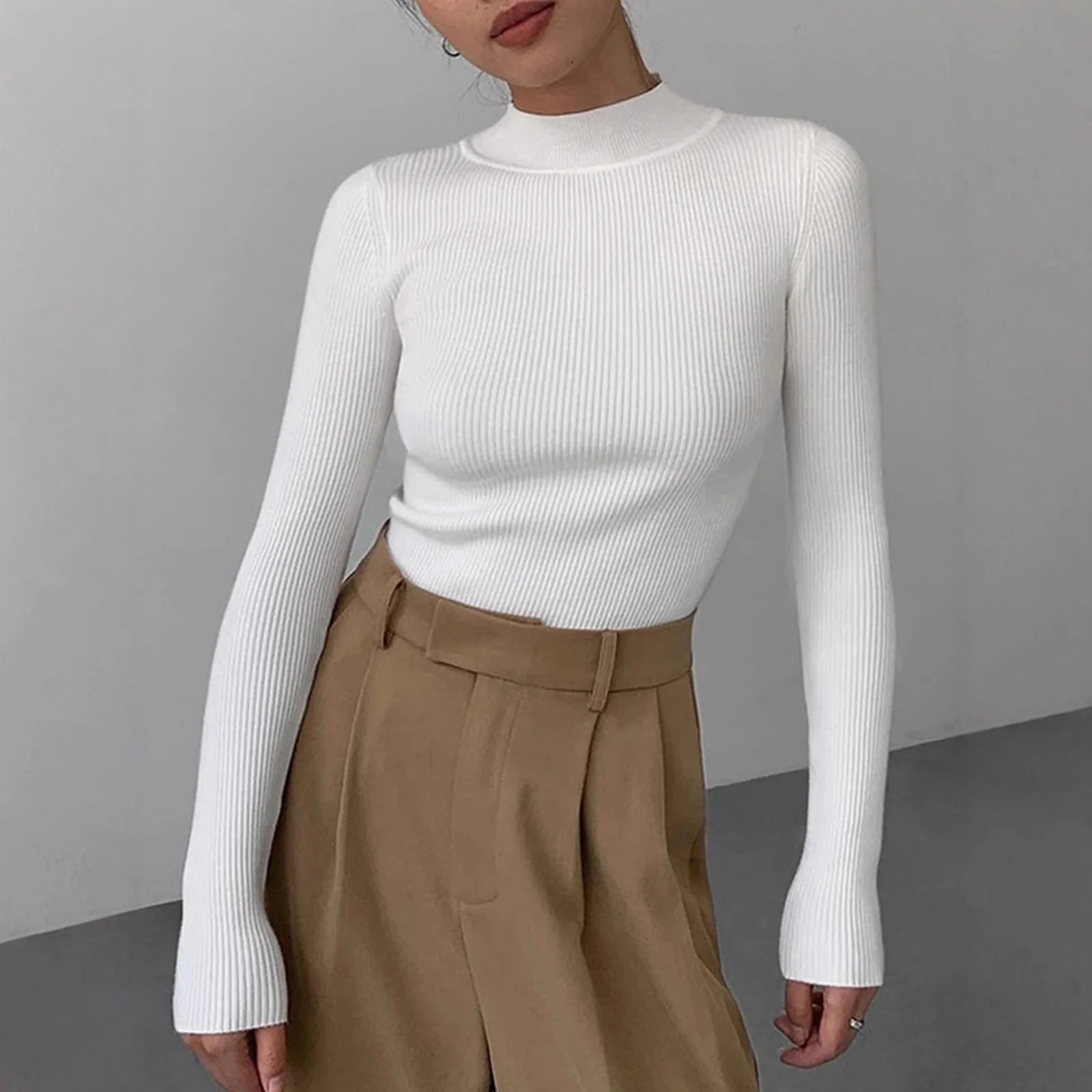 Women’s Tight Fit Crew Neck Knitted Top – Slim Sweater - Image 3