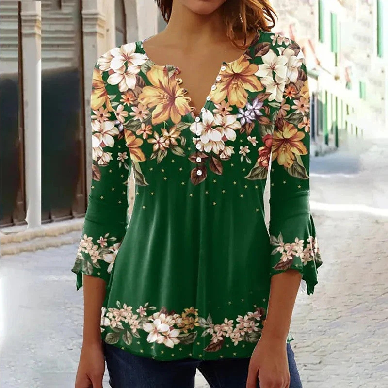 Women’s V-Neck 3/4 Sleeve Button-Front Tunic Blouse - Image 15