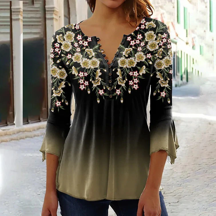 Women’s V-Neck 3/4 Sleeve Button-Front Tunic Blouse - Image 22