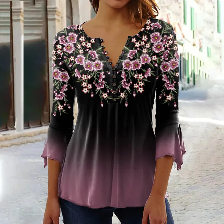 Women’s V-Neck 3/4 Sleeve Button-Front Tunic Blouse - Image 32