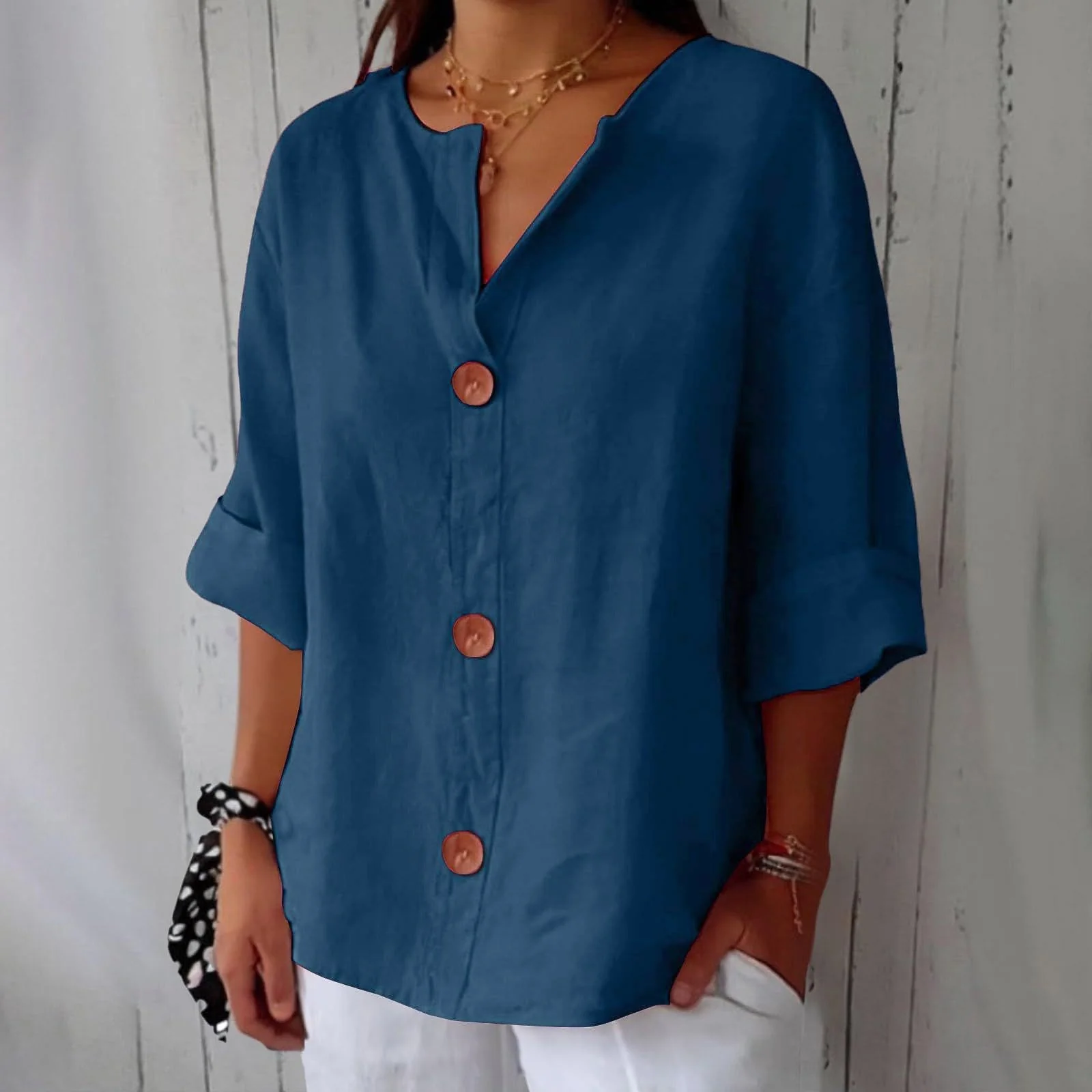 Women’s V-Neck Cotton Linen Buttoned Blouse - Image 10
