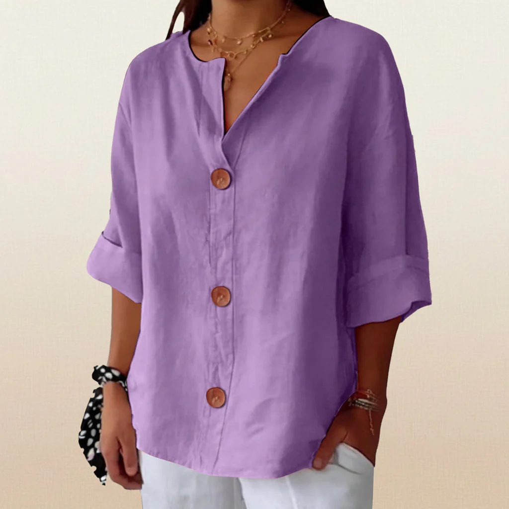 Women’s V-Neck Cotton Linen Buttoned Blouse - Image 12