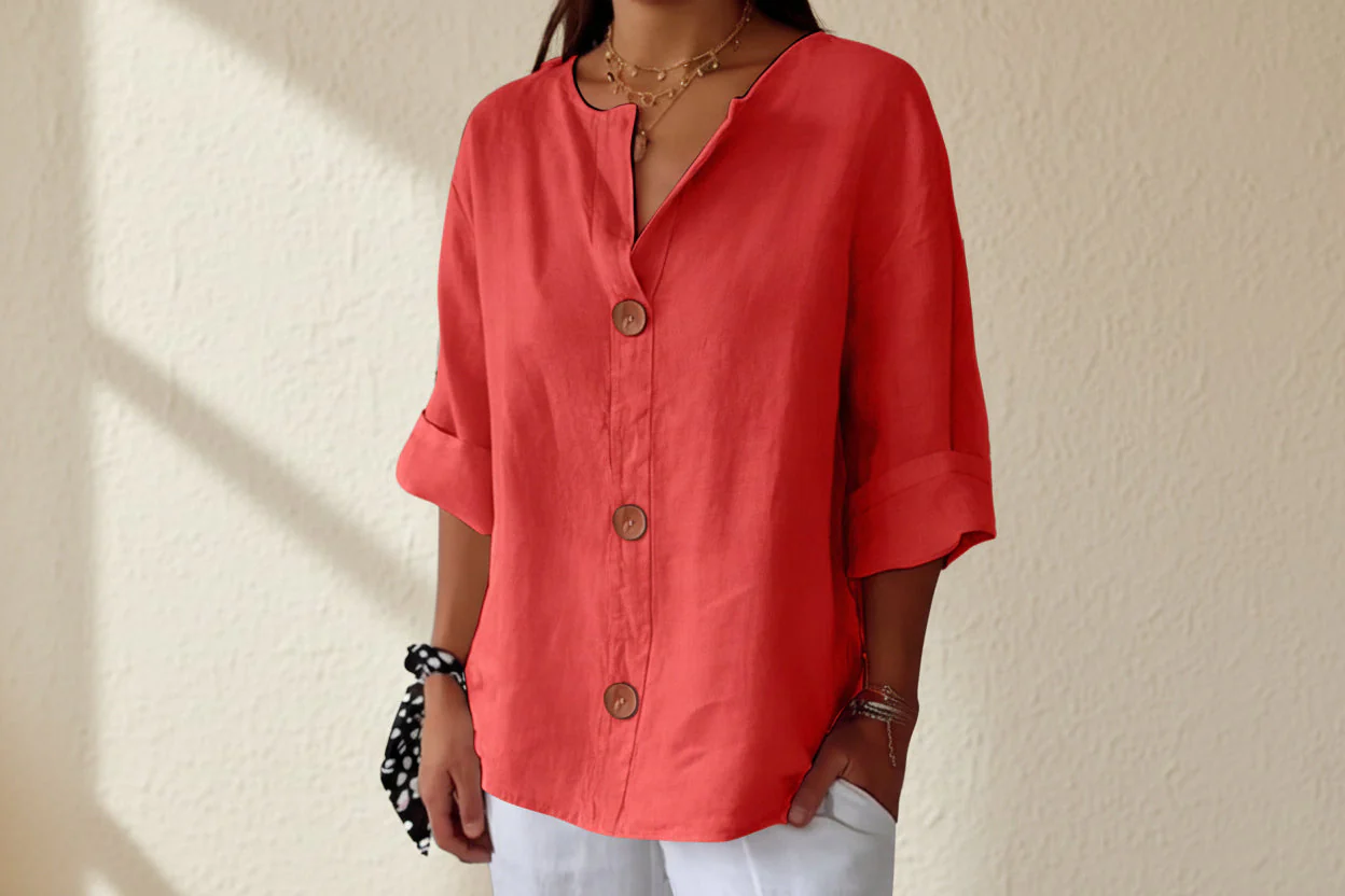Women’s V-Neck Cotton Linen Buttoned Blouse - Image 13