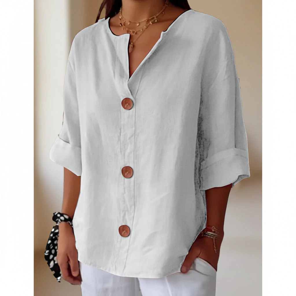 Women’s V-Neck Cotton Linen Buttoned Blouse - Image 15