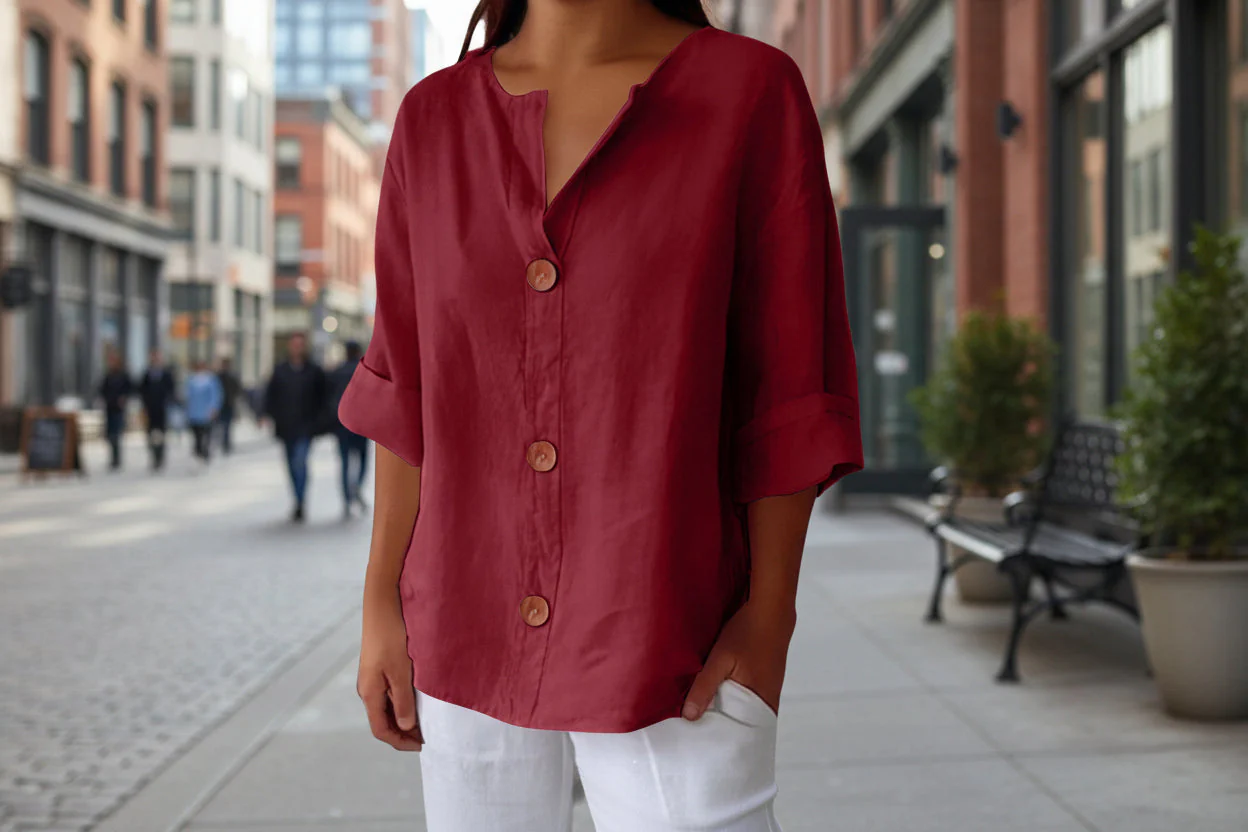 Women’s V-Neck Cotton Linen Buttoned Blouse - Image 3