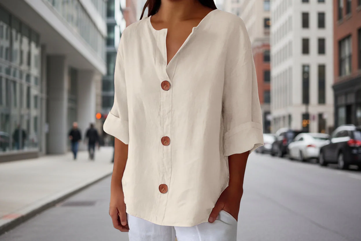 Women’s V-Neck Cotton Linen Buttoned Blouse - Image 4
