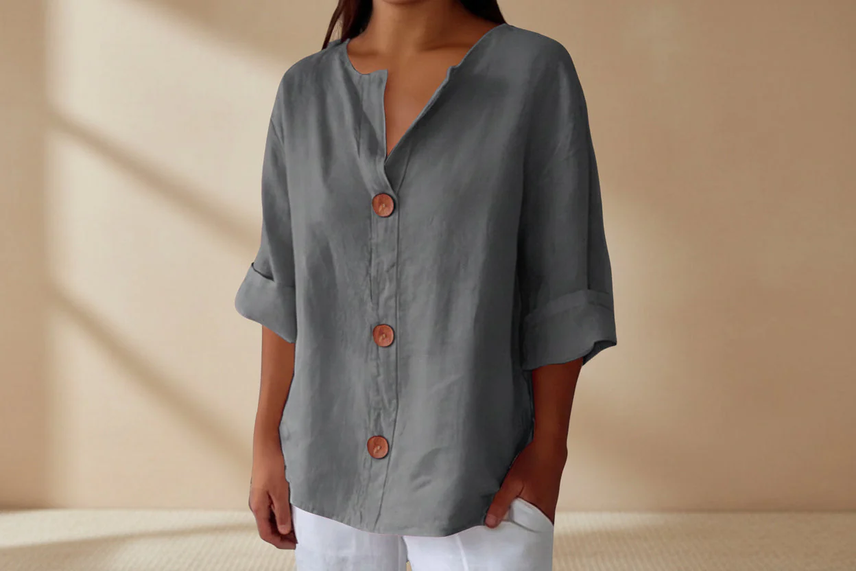 Women’s V-Neck Cotton Linen Buttoned Blouse - Image 8