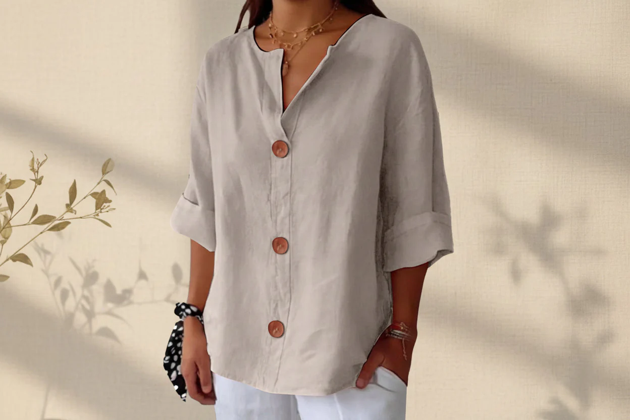 Women’s V-Neck Cotton Linen Buttoned Blouse - Image 9