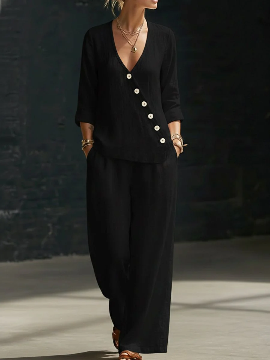 Women’s V-Neck Cross-Over Shirt and Wide-Leg Pants Set - Image 14