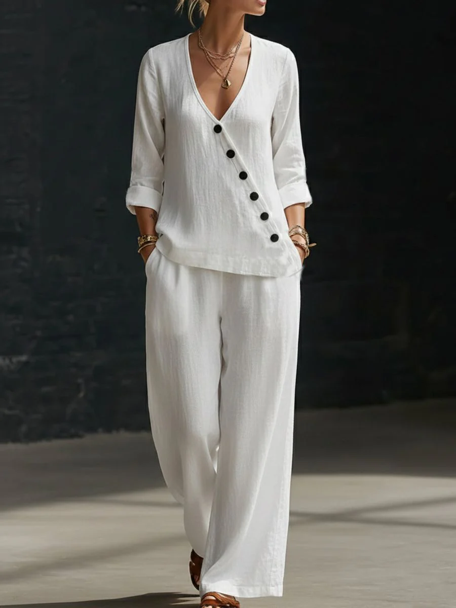 Women’s V-Neck Cross-Over Shirt and Wide-Leg Pants Set - Image 15