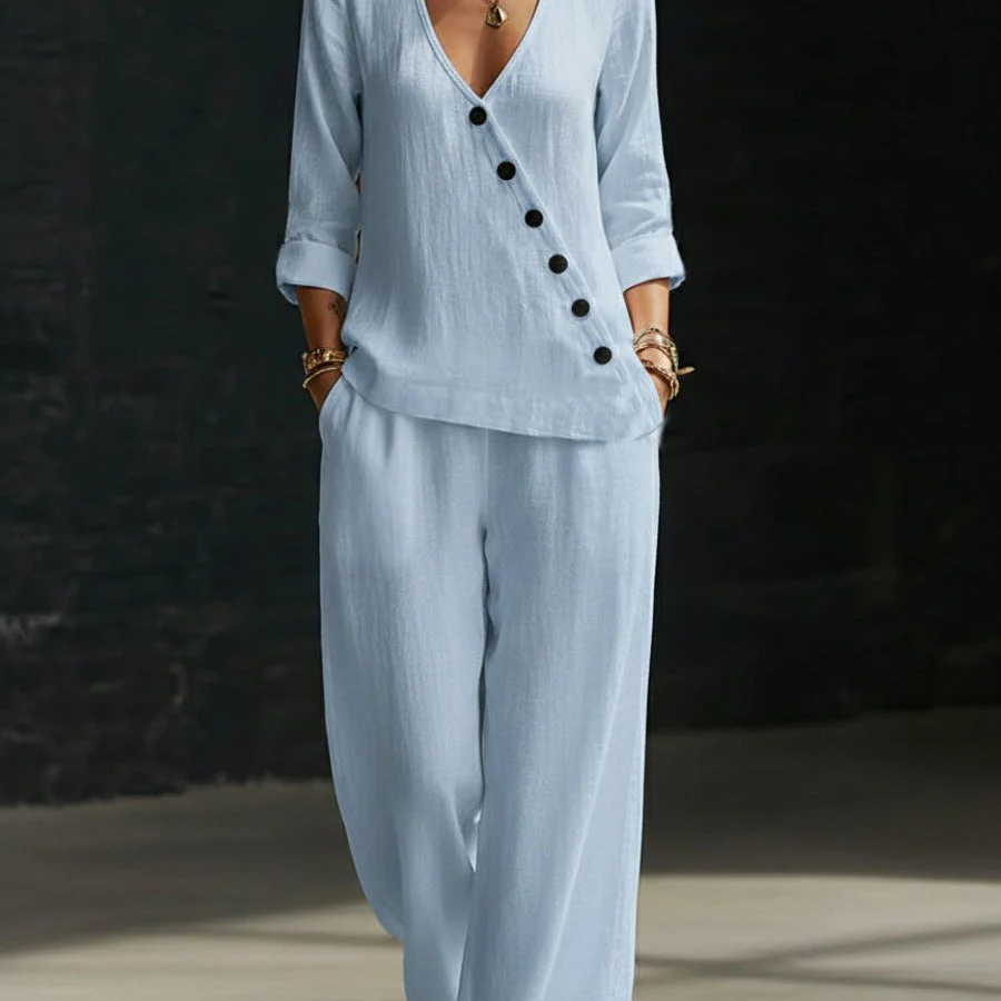 Women’s V-Neck Cross-Over Shirt and Wide-Leg Pants Set - Image 3