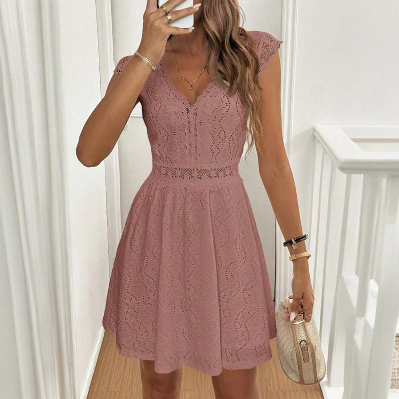Women’s V‑Neck Short‑Sleeve Dress with Lace Trim - Image 3