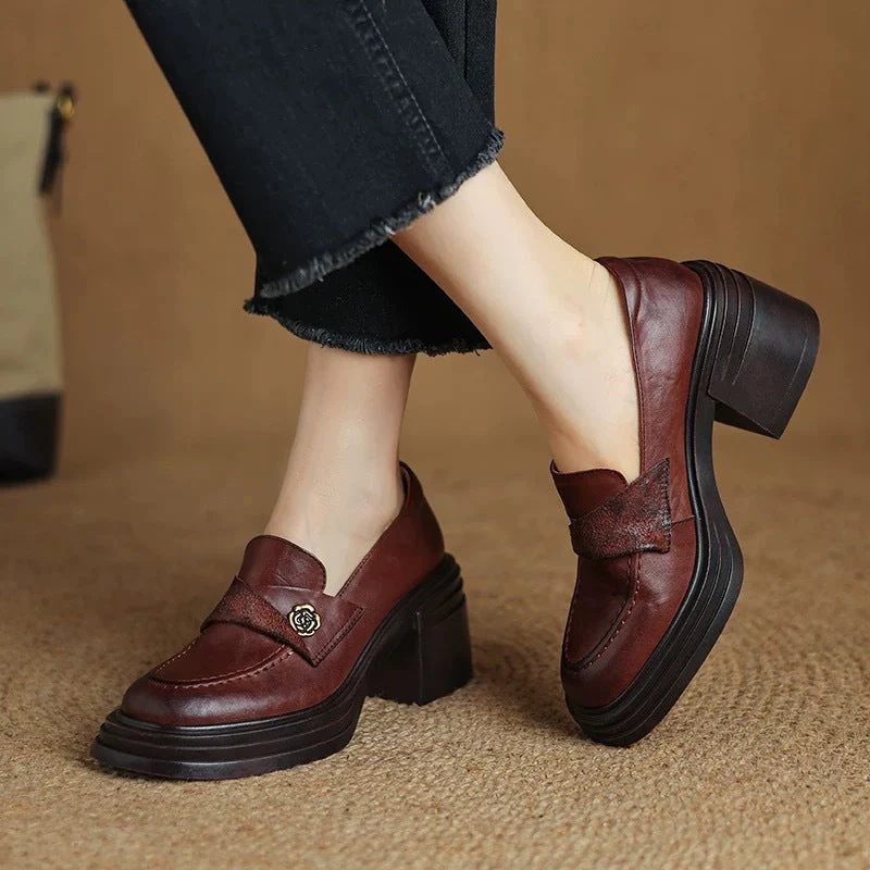 Women’s Vintage Chunky Heel Leather Shoes – Retro Style - Image 4