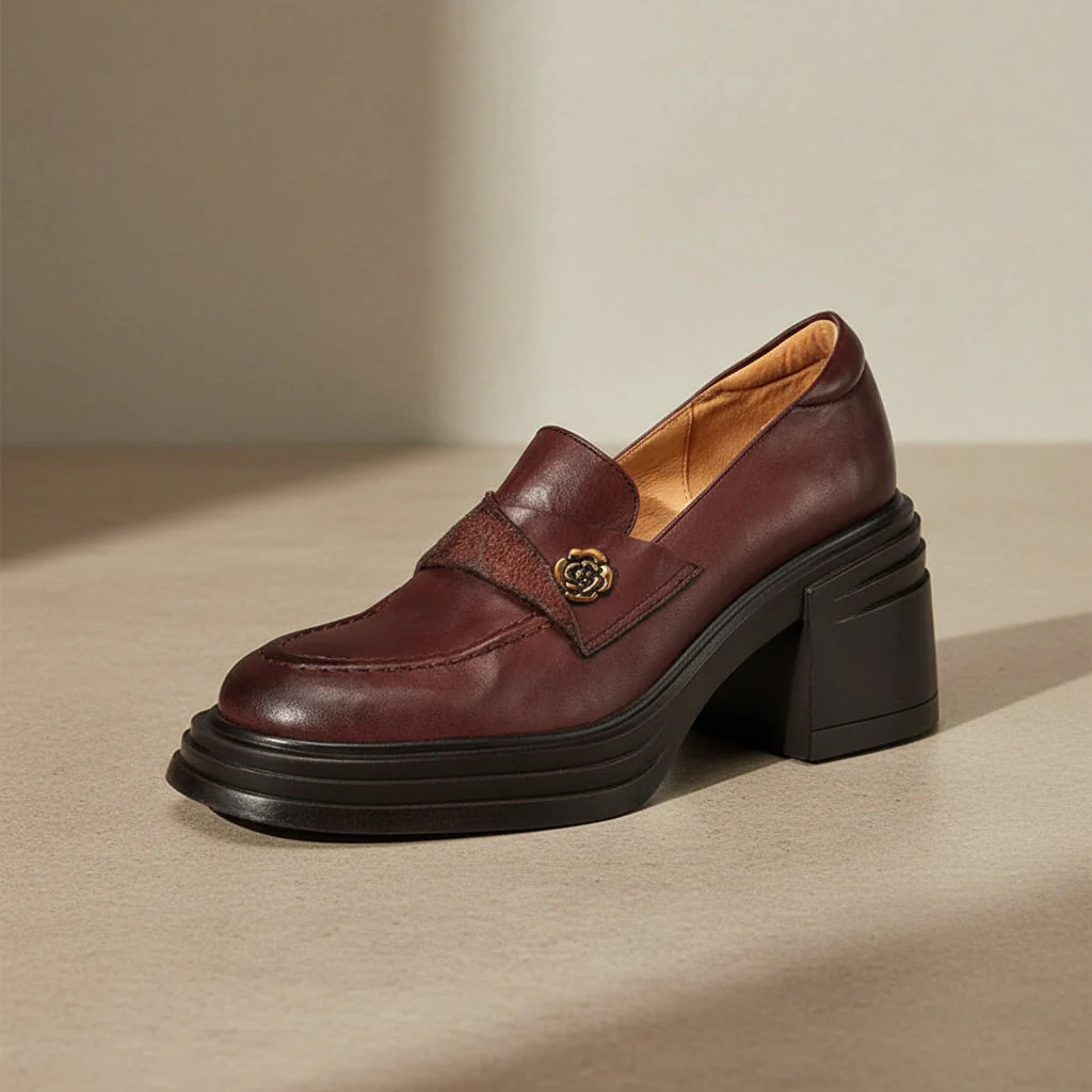 Women’s Vintage Chunky Heel Leather Shoes – Retro Style - Image 5