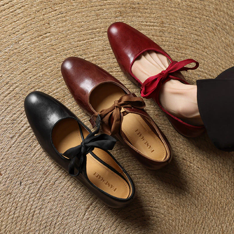 Women’s Vintage French Style Low Heel Leather Shoes - Image 3