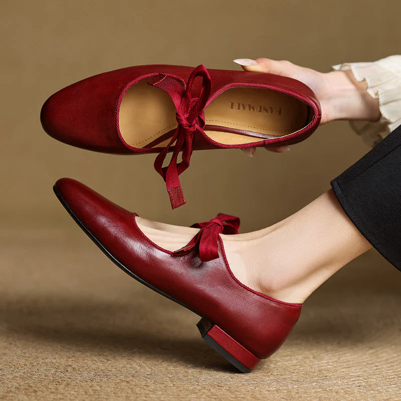 Women’s Vintage French Style Low Heel Leather Shoes - Image 6