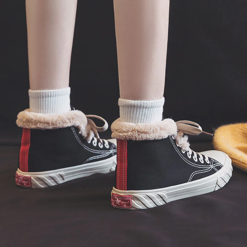 Women’s Warm Black Winter Thick Flat High-Top Velvet Canvas Shoes - Image 5