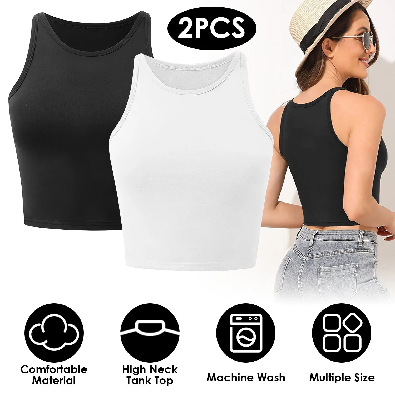 Women Sleeveless Cropped Tank Top High Neck Crop Racer Back Workout Top Machine Washable Summer S M L XL 2XL - Image 3