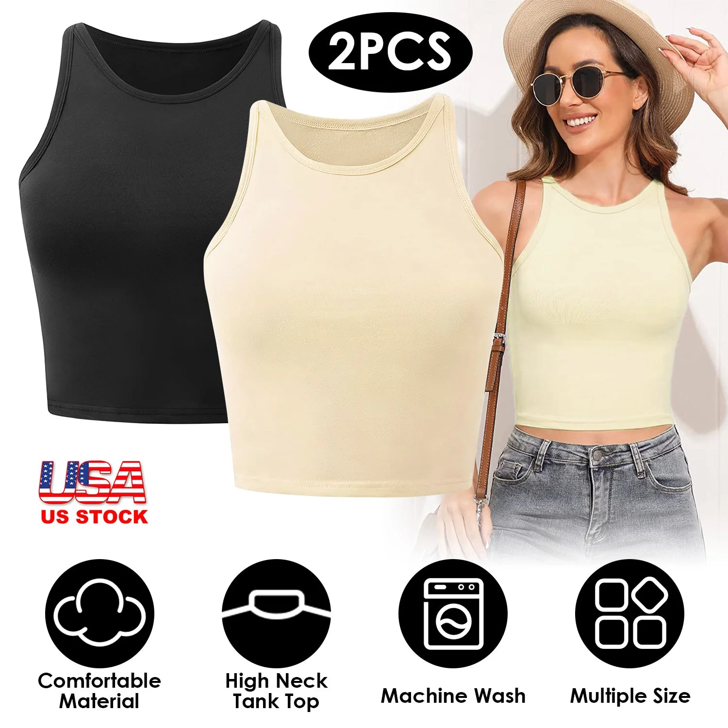 Women Sleeveless Cropped Tank Top High Neck Crop Racer Back Workout Top Machine Washable Summer S M L XL 2XL - Image 6