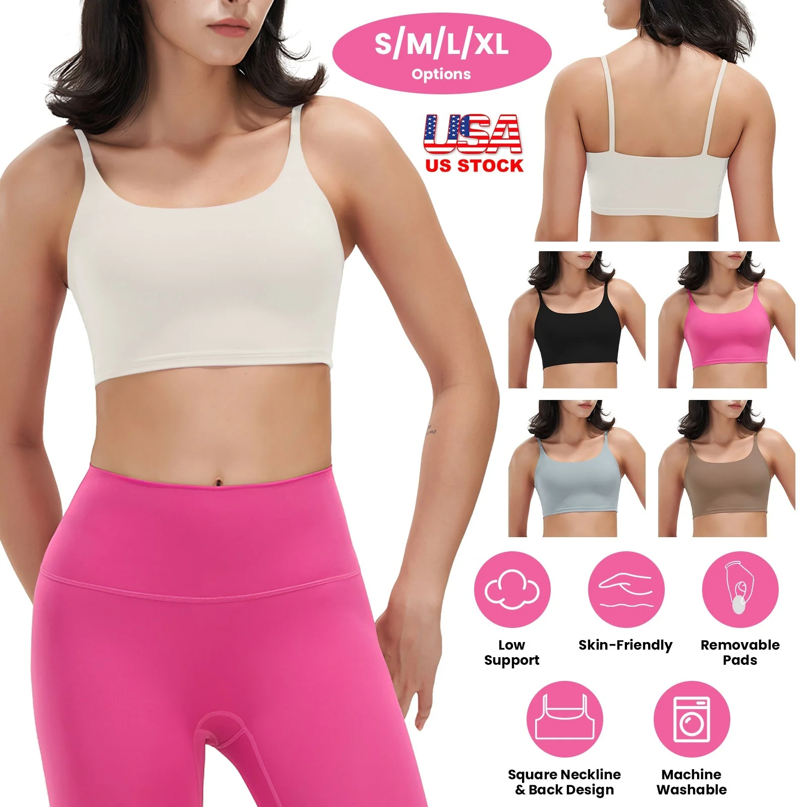 Women Strap Sport Bras Padded Strappy Crop Square Neck Low Impact Bras Sexy Fitness Tank Tops with Removable Pads Flat Straps for Gym Yoga Workout Run - Image 4