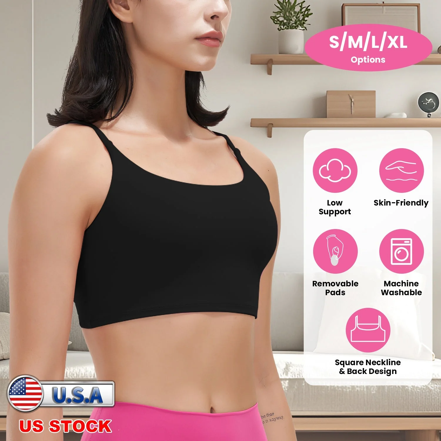 Women Strap Sport Bras Padded Strappy Crop Square Neck Low Impact Bras Sexy Fitness Tank Tops with Removable Pads Flat Straps for Gym Yoga Workout Run - Image 3
